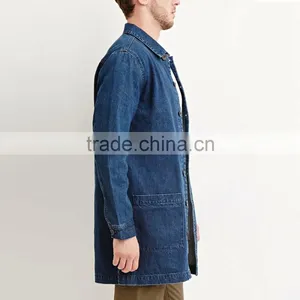 Longline Denim Dark Blue Long Jacket With Pocket for Men thumbnail-3