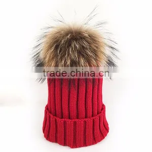Myfur Lady Fashion Real Raccoon Fur Pompom Striped Knit Hat Wholesale thumbnail-1