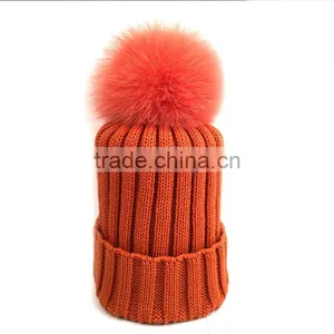 Myfur Fashion Orange Color Customized Fox Fur Pom Pom Knitted Hat thumbnail-1