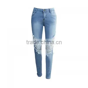 High Waist Girls Jeans Hollow Lace Patchwork Light Blue New Women Sex Pants thumbnail-4