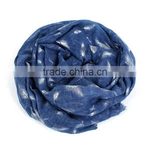 Cotton Polyester Blend Scarves & Wraps Rectangle Silver Blue Feather Scarf Wholesale thumbnail-3
