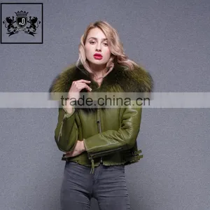 Women Large Fluffy Real Raccoon Fur Collar Jacket Sheepskin Coat Genuine Sheep Leather Jacket In Winter thumbnail-1