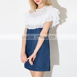 New Latest Girls Sweet Ruffle Mesh Casual Denim Mini Dress Women Patchwork Designs For Dresses thumbnail-2