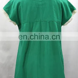Green Cotton Women's Maxican Handcrafted Multi Color Embroidered Kaftan Party Wear Short Dress thumbnail-2