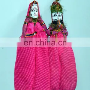 PRETTY INDIAN RAJASTHANI PUPPET/FOLK DOLLS KATHPUTLI PAIR HOME DECORATIVE PUPPET OLD CLOTH HAND MADE DOLL COUPLE HOME DECOR ART thumbnail-5