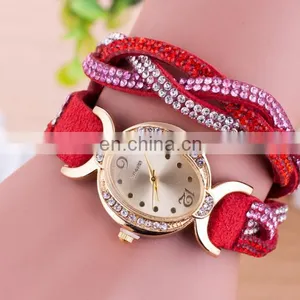 Crystal Woven Leather Bracelet Watch Golden Quartz Watch Leather Bracelets Women Leisure Leather Bracelet Watch Gifts for Her thumbnail-3