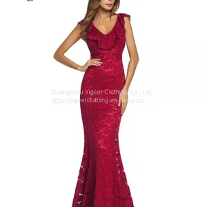 Ruffled V-neck High Waist Sheath Lace Mermaid Dress thumbnail-1