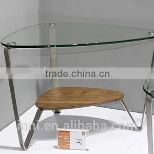 Modern Glass Top & Metal End Table W/wooden Shelf #3221 thumbnail-1