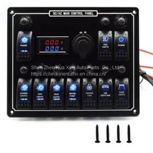 12/24V 10 Gang Rocker Switch Panel Auto Switch Panel With Volt and Current Dual Display Voltmeter and Cigarette Lighters Socket thumbnail-1