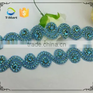Blue Crystal Rhinestone Bridal Ribbon Belt Sash Applique Trim thumbnail-1