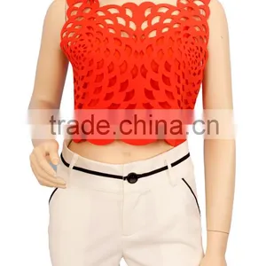 2016 S/S Hollow Out Curved Hem Bear Midriff Red Tops Neoprene Plain Crop Tops Wholesale 2015 thumbnail-5
