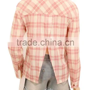 2016 100% Cotton Woman Clothing Oem Long Sleeve Plain Checked T-shirt Manufacturing China thumbnail-3