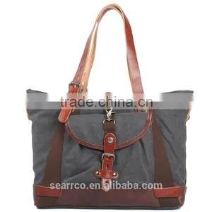 Wholesale Super Canvas Shopping Bag Beach Tote Bag With Leather Trim and Leather Handle thumbnail-2
