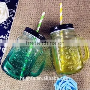 Hot Selling Products of Glass Drink Pump Lid 480ml Colorful Glass Mason Jar With Handles Wholesale thumbnail-2