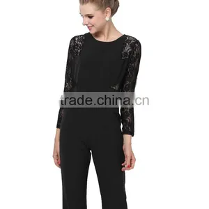 Round Neck Patch Embroidered Lace Long Sleeve High Empire Bell-bottoms Women Jumpsuit thumbnail-2