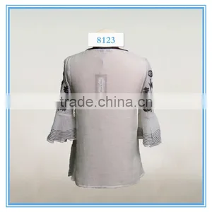 Woman Flared Sleeve Embroidery Tie Neck Cotton Fabric Casual Blouse Designs thumbnail-3
