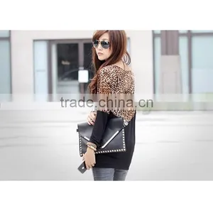 Spring Free Size New Design Korean Style Fashion Cotton Leopard Stitching Long Sleeve Apparel t Shirt thumbnail-3