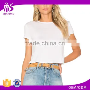 2017 Guangzhou Shandao New Fancy Design 180g 100% Cotton Plain Dyed Wholesale Women Short Sleeve Blank White T-Shirt thumbnail-1