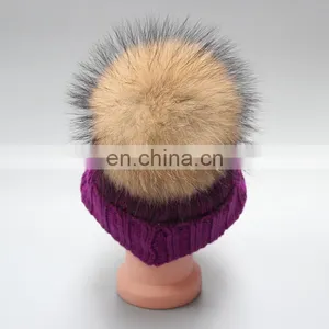 Fashion Striped Pattern Fur Pompom Hat Knitted Kids Bobble Hats for Winter Warm thumbnail-4