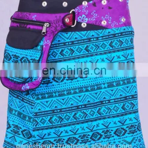 Deep Sky Blue Trivial Print Cotton Fabric Gypsy Wrap Around Skirt With Bag Belt HHCS 140 E thumbnail-1