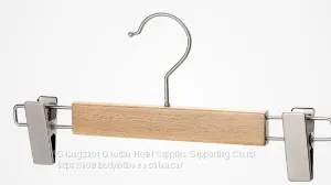 Wooden Skirt Hangers With Adjustable Clips (10 Pack) Pant Hangers With 2-Adjustable Anti-Rust Clips Natural Finish thumbnail-1