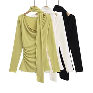 Pure Desire Style Loose Collar Hanging Neck Streamer Long-sleeved T-shirt Spring Design Pleated Slim Body Hot Girl Bottom Shirt Women thumbnail-5