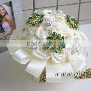 Romantic Wedding Bouquet Full of Crystal Beads and Green Brooches thumbnail-1