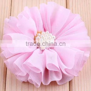 Hot Cutting Chiffon Flower With Pearl Bead Center for Kids Hair Accessories thumbnail-5