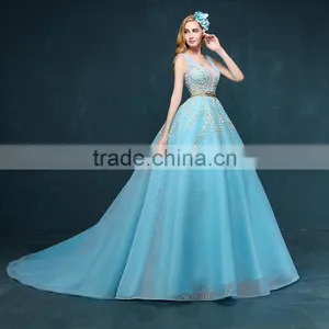 MGOO New Coming Popular Pageant Dress For Women Sky Blue Sheer V Neck Embroidery Floral Dress Evening Long 2260 thumbnail-4