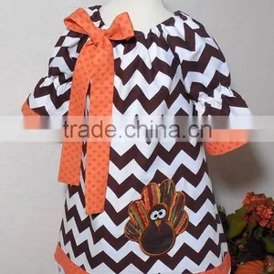Toddler Girl Peasant Dress for Thanksgiving or Halloween or Fall Chevron Turkey Dress Half Puff Sleeve Dress Kids Clothes thumbnail-1