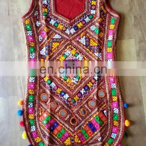 Ladies Traditional Exclusive Creation Unique Beautiful Designer Pom Pom Kutchi Colorful Pakkowork Handmade Embroidered Kurti thumbnail-1