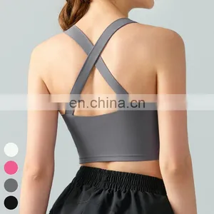 Breathable Running Wear Square Neck Cross Back Yoga Tank Top Sleeveless Gym Fitness Tops Yoga Tank Top Women With Fixed Pad thumbnail-4