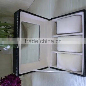 Luxury Black Leather Shadow Window Lid Watch Box Gift Box Lint Lock Front Black Jewelry Leather Box thumbnail-3