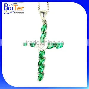 Unique Custom Rhodium Plated CZ 925 Sterling Silver Lab Created Emerald Cross Pendant thumbnail-1