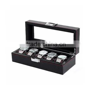 High-Grade PU Leather Package Box For Watch, 5 Slot Display Carbon Fiber Stripe Gift Storage Box thumbnail-2