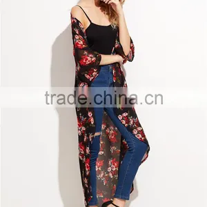 Custom Flower Print Women Soft Comfortable Beachwear Outwear Black Floral Longline Chiffon Kimono thumbnail-5