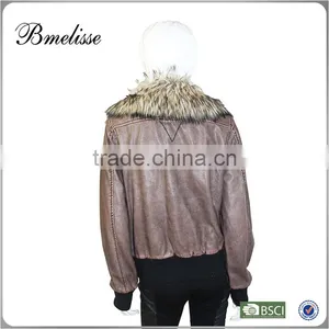2014-2015 Stylish Women's pu Jacket Fake Brown Lamp Fur pu Jacket for Lady thumbnail-3