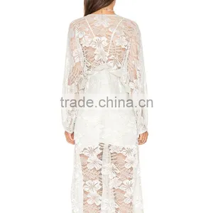 Button up Long Sleeve Fancy Lace Dress Bridal Casual Maxi Robe thumbnail-6