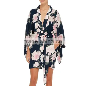Oriental Japanese Design Full Sleeve Chiffon Kimono Floral Bridesmaid Robe thumbnail-3