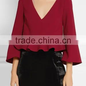 New Products 2016 Fall Autumn Cloth New Red Top Ruffle Raglan Shirts thumbnail-1