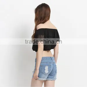 Wholesale Hot Sale Photo Image Girls Boat Neck Blouse Designs Ladies Fashion Crop Top thumbnail-3