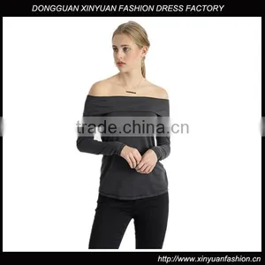 Custom Womens Off-shoulder Cotton Jersey T-Shirts,long Sleeve Black Plain Pure T-shirts for Women thumbnail-1
