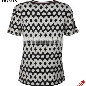 Acrylic Flat Knitted Sweater for Women as Stripe Collar Short Sleeve Polka Dot T-shirt of Latest Design Girls Top thumbnail-3