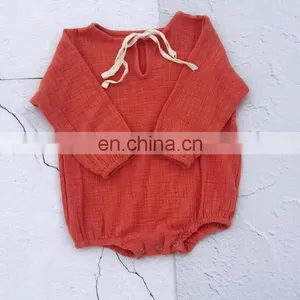 Wholesale Soft Cotton Full Sleeve Baby Girls Boys Linen Romper thumbnail-5