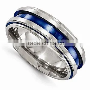 Titanium Grooved Blue Inlay Wedding Rings for Wholesale thumbnail-1
