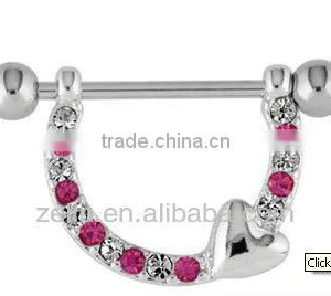 Nipple Bar With Dangling Jeweled Horseshoe and Gem Body Piercing Jewelry thumbnail-1