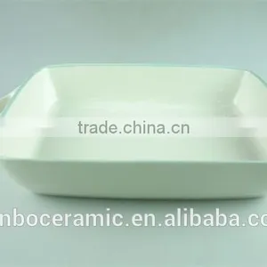 Enamel Ceramic Baking Dish White Green Line Decor Serving Dish Rectangular With Handle thumbnail-3