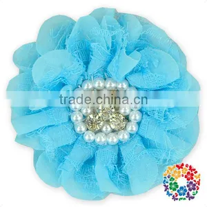 Fashion Turquoise Lace Flower Jewelry Decorative Handmade Rhinestone Fabric Flower thumbnail-1