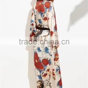 Custom Floral Print Women Beachwear Multicolor Flower Print Contrast Trim Belted Maxi Kimono thumbnail-2