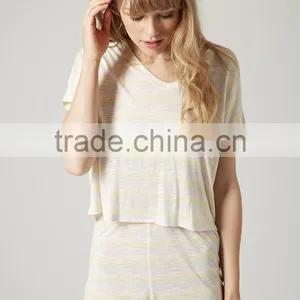 Beige Striped Tee and Shorts Set Women Pajamas thumbnail-2